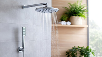 Wall Mural - modern water saving showerhead with cascading water in stylish bathroom