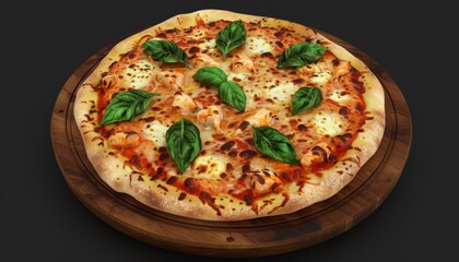 Wall Mural - A close-up shot of a delicious pizza with tomato sauce, mozzarella cheese, and fresh basil on a wooden board.