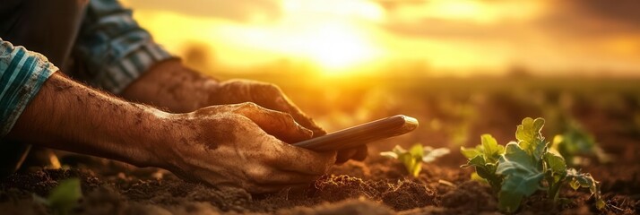 Wall Mural - tablet in farmer dirty hands with sunset, farming concept banner.