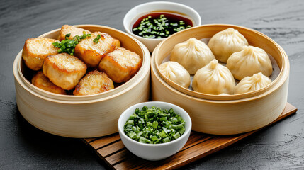 Poster - Delicious Asian dinner featuring dumplings and crispy tofu served with sauces