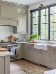 Wall Mural - Modern Farmhouse Kitchen With Gray Cabinets And Black Framed Window