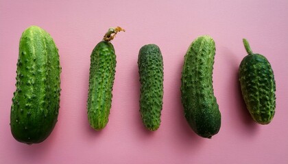 Wall Mural - Five cucumbers of varying sizes on a pink background.