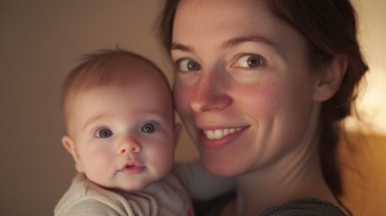 Wall Mural - A Mother's Love: A portrait of pure love and tenderness, a young mother beams with pride and affection as she holds her adorable infant close.