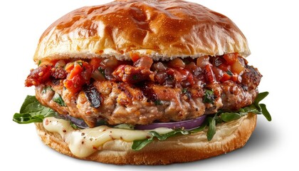 Wall Mural - A juicy grilled turkey burger topped with a flavorful tomato relish, creamy mayo, red onion and spinach on a soft brioche bun.