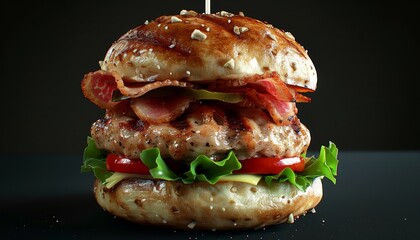 Wall Mural - Closeup of a delicious bacon cheeseburger with lettuce, tomato, and pickles on a toasted sesame seed bun.