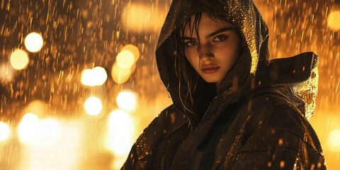 Wall Mural - Model posed under heavy rain wearing a waterproof poncho with magnetic closures and reflective details paired with heavy-duty cargo pants captured outdoors with backlit rainfall
