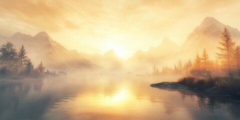 Wall Mural - mountain serenity wide-angle shot of a mist-covered mountain range with golden sunlight breaking thr