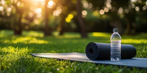 Wall Mural - outdoor yoga setup vibrant shot of a yoga mat on green grass with a water bottle and towel under sof