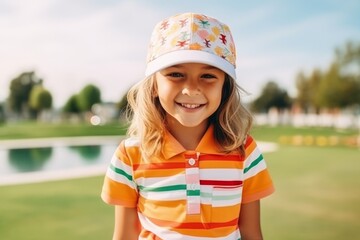 Wall Mural - Portrait of a cute little girl in a cap on a golf course