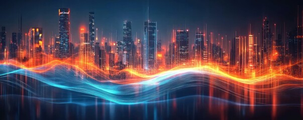 Futuristic Night Cityscape Digital Background Neon Lights Abstract Technology Communication Network
