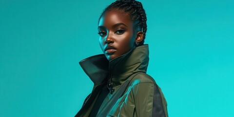 Wall Mural - Portrait of a model dressed in a breathable trench coat with carbon-fiber accents, laser-cut designs, and a retractable hood paired with a high-neck undershirt.