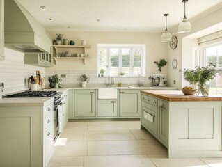 Wall Mural - Elegant Sage Green Kitchen With Island and Natural Light