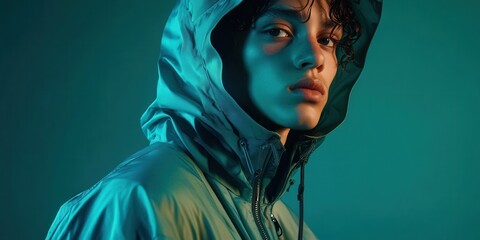 Wall Mural - Portrait of a model in a breathable high-tech poncho with matte waterproof coatings integrated zippers and detachable thermal layers 
