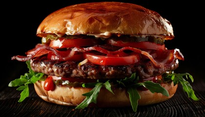 Wall Mural - A juicy hamburger with bacon, tomato, lettuce, pickles, and sauce on a sesame seed bun.