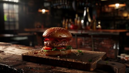 Wall Mural - A juicy burger on a wooden cutting board in a dimly lit pub setting.