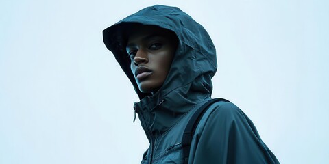 Wall Mural - Portrait of a model wearing a hooded windbreaker with dynamic thermal fabric paired with slim-fit cargo pants illuminated by soft directional light against a minimal white background 
