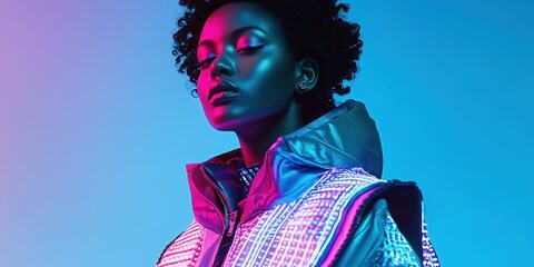 Wall Mural - Portrait of a model wearing a techwear cloak with integrated LED patterns paired with a minimal utility vest and futuristic wristwear illuminated