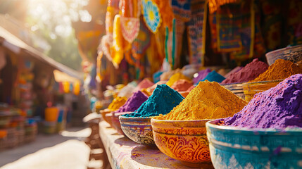 Wall Mural - Colorful Powder Display at Indian Holi Festival Market, Celebrating Culture and Joyful Tradition. Copy space