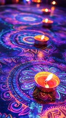 Wall Mural - Colorful Mandala Art with Candles at Indian Holi Festival. Concept of cultural celebration, intricate designs, spiritual atmosphere