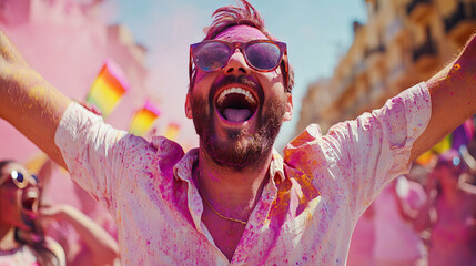 Wall Mural - Joyful Hispanic Man Celebrating with Pink Powder in Vibrant Holi Festival Scene. Concept of Cultural Festivity, Expression, Excitement