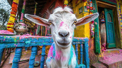 Wall Mural - Playful Goat with Colorful Paint at Indian Holi Festival, Surrounded by Vibrant Flowers and Traditional Decor. Concept of Cultural Celebration, Animal Fun