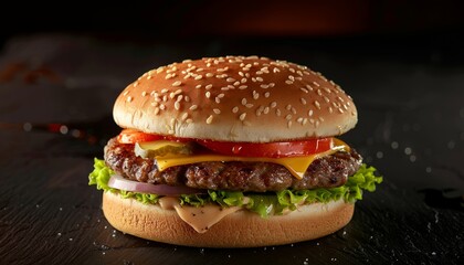 Wall Mural - A classic cheeseburger with lettuce, tomato, onion, pickles and cheese on a sesame seed bun.