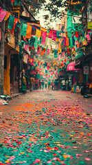 Wall Mural - Vibrant Indian Street Decorated for Holi Festival with Colorful Flags and Confetti. Concept of Cultural Celebration, Festive Atmosphere