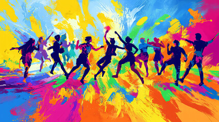 Wall Mural - Colorful Indian Holi Festival Art: Celebration with Vibrant Dancing Figures. Concept of Cultural Festivity, Joyful Traditions