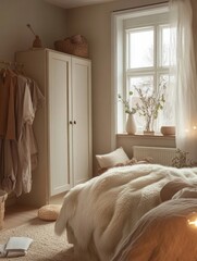 Wall Mural - Cozy bedroom with neutral tones and fluffy bedding