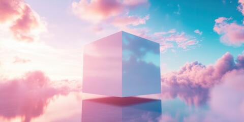 Wall Mural - a large white square cube mirror stands in the middle of an endless cloudy sky. the perspective view