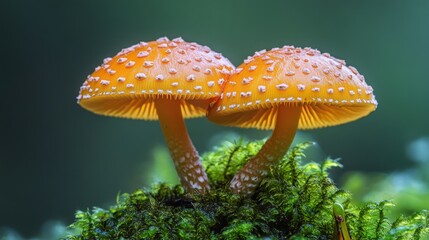 Two vibrant orange mushrooms with white dots grow closely together on a bed of green moss against a blurred green background.