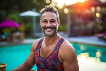 Wall Mural - Portrait of a smiling handsome man at the swimming pool at sunset