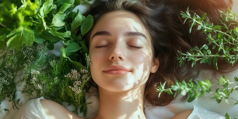 Wall Mural - A serene woman lies peacefully with her eyes closed, surrounded by fresh herbs, in a calming indoor environment during daylight.