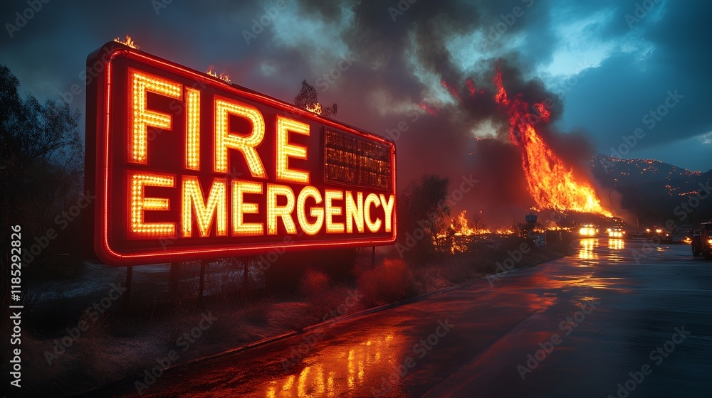 Fire Disaster Sign Sign that reads “FIRE EMERGENCY”. - WILDFIRE - FOREST FIRE - BRUSHFIRE ...