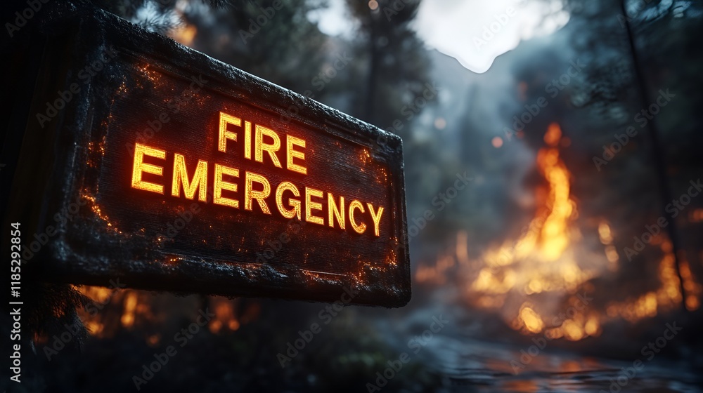 Sign that reads “FIRE EMERGENCY”. - WILDFIRE - FOREST FIRE - BRUSHFIRE ...