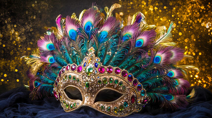 Wall Mural - Glamorous Carnival Mask with Luxurious Feathers and Jewels. Concept of Festive Celebration, Mardi Gras, and Elegant Costume