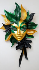 Wall Mural - Golden and Green Carnival Mask with Black Ribbon, Sun-Inspired Design. Concept of Mardi Gras, festive costume, vibrant celebration