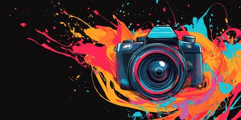 Wall Mural - camera reflex colorful dynamic illustration for photography exhibit banner with copy space on black 