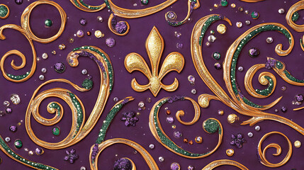 Wall Mural - Luxurious Decorative Composition Featuring Golden Fleur-de-Lis on Purple Background. Concept of Mardi Gras Celebration, Elegant Ornamentation