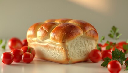 Wall Mural - A loaf of freshly baked bread with a cluster of red cherry tomatoes and sprigs of parsley on a white background.