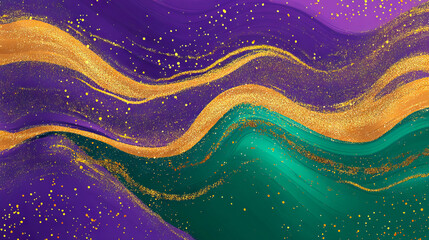 Poster - Colorful Abstract Design with Vibrant Waves and Gold Particles Concept of Festive Artwork, Celebration, Energetic Patterns. Copy space