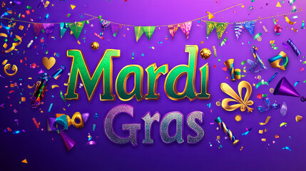 Wall Mural - Colorful Mardi Gras Celebration Display with Golden Elements and Festive Decorations. Concept of Carnival Festivities, Vibrant Atmosphere. Cultural. Banner