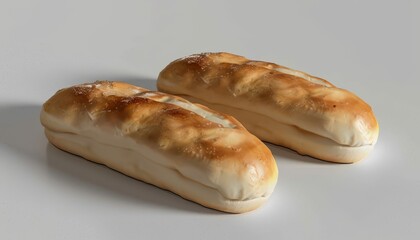 Wall Mural - Two freshly baked, crusty, golden brown bread rolls on a white background.