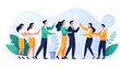 © Julie - Happy young employees giving support and help each other flat vector illustration. Business team working together for success and growing. Corporate relations and cooperation concept.