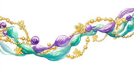 Wall Mural - Vibrant Mardi Gras Watercolor Illustration of Green and Purple Beads. Concept of Festive Celebration, New Orleans Culture