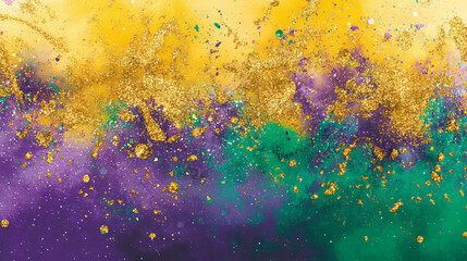 Wall Mural - Vibrant Mardi Gras Celebration with Abstract Clouds of Bright Green, Yellow, and Purple. Concept of Festive Colors, Creative Expression. Copy space