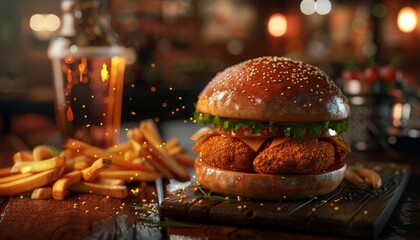 Wall Mural - A juicy burger with cheese, lettuce, and tomato on a sesame seed bun, served with a side of golden french fries on a wooden cutting board, in a dimly lit bar setting.