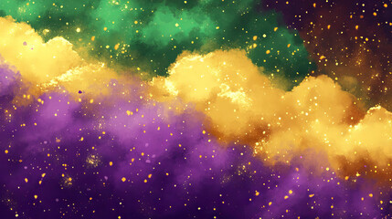 Wall Mural - Abstract Clouds in Mardi Gras Colors - Vibrant Purple, Green, and Gold Swirls. Concept of Celebration, Festive Atmosphere. Copy space