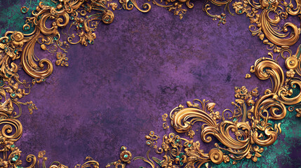 Poster - Ornate Decorative Frame with Golden Details on Purple Background, Featuring Intricate Floral Patterns. Concept of luxury design, sophisticated decoration, ornamental elegance.. Copy space