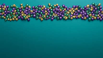 Wall Mural - Colorful Metallic Beads in Purple, Green, and Gold on Teal Background. Concept of Mardi Gras Celebration, Festive Decorations. Copy space